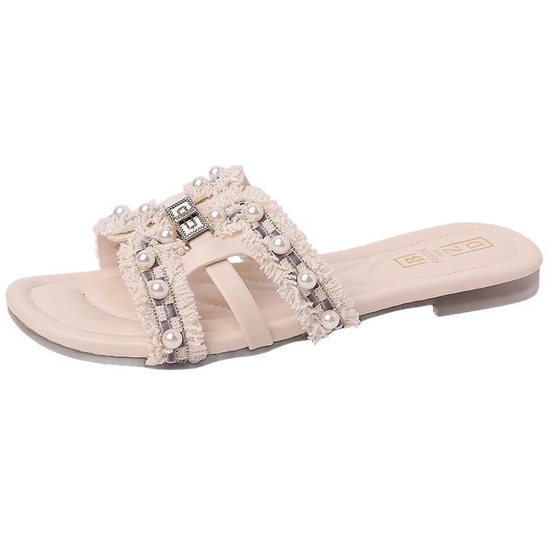 Xiaoxiangfeng plattbottnade coola tofflor dam sommar designkänsla mode bär fe-stil mjuk sula avslappnad pärla enords toffel