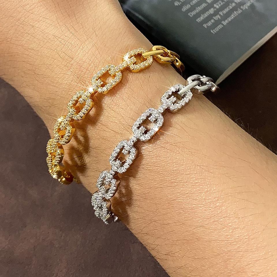 Yupsk 2 Pieces Hollow Square Shiny Zircon Chain Bracelet Rings for Women Shiny CZ Crystal Cuff Bangle Wedding Jewelry