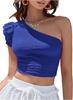 European and American New Summer Shoulder Asymmetrical Collar Fashion Solid Color Ruffle Edge Navel Short Top Women