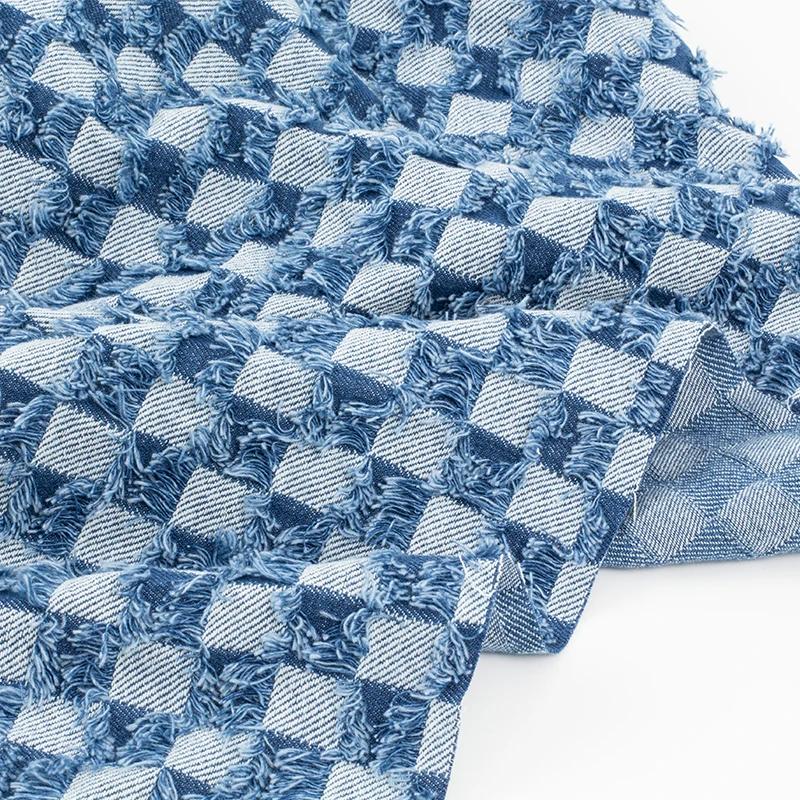 100x145cm Jacquard Denim Checkerboard TasselFabric Hand Wash DIY Bag Coat Clothing Designer Fabric Sewing Cotton Denim Fabric