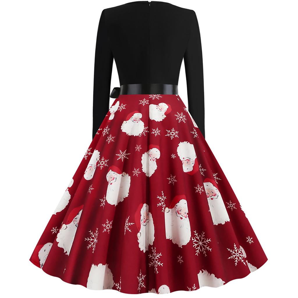 Women's Fashion Long Sleeve Christmas Round Neck Print Hem Dress