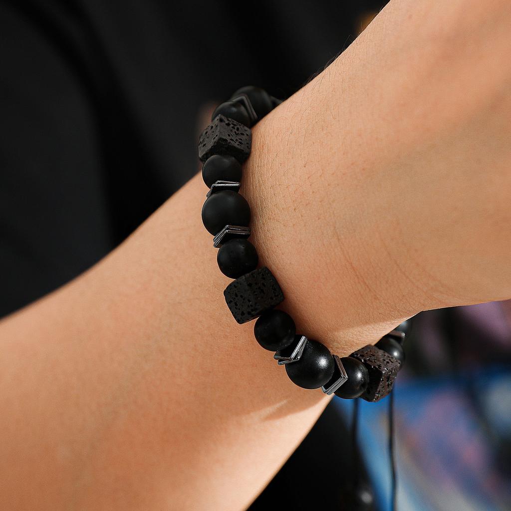 Lava Cube Volcanic Stone Braided Bracelet, Men'S Matte Adjustable Bracelet
