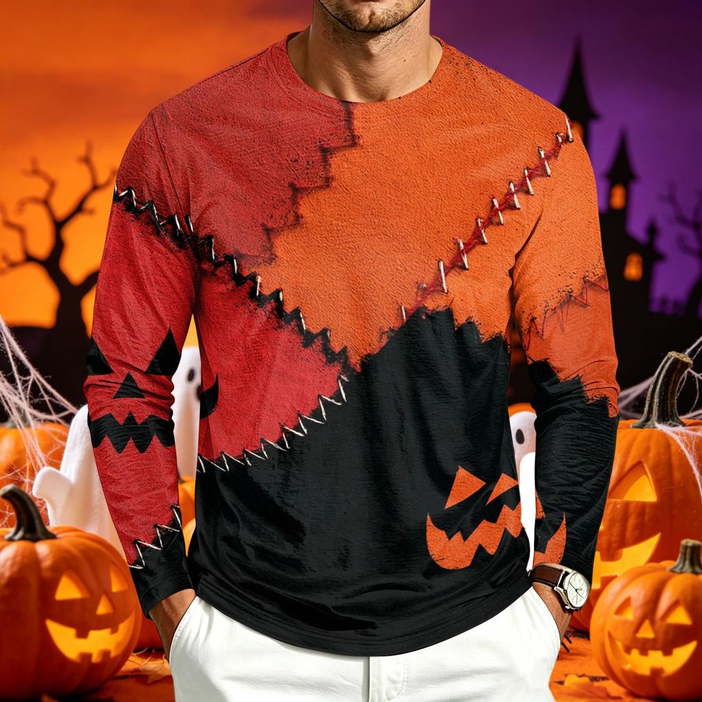 Men's Casual Long Sleeve Halloween Printed T-Shirt for Everyday Wear