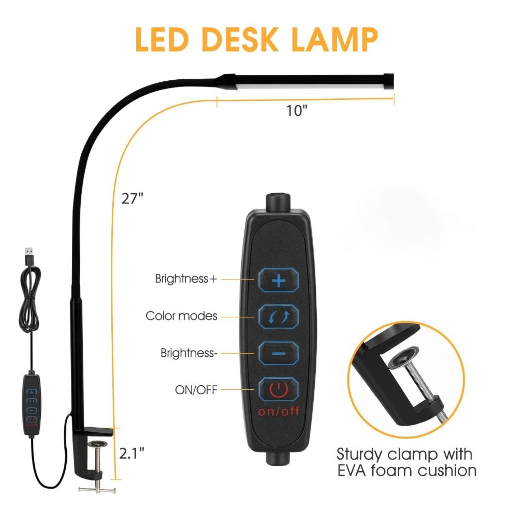 3-Colors 10 Brightness Eye Protection LED Home Office Clip-On Table Light Special Bedside Reading Lamp Adjustable Desk Lamp