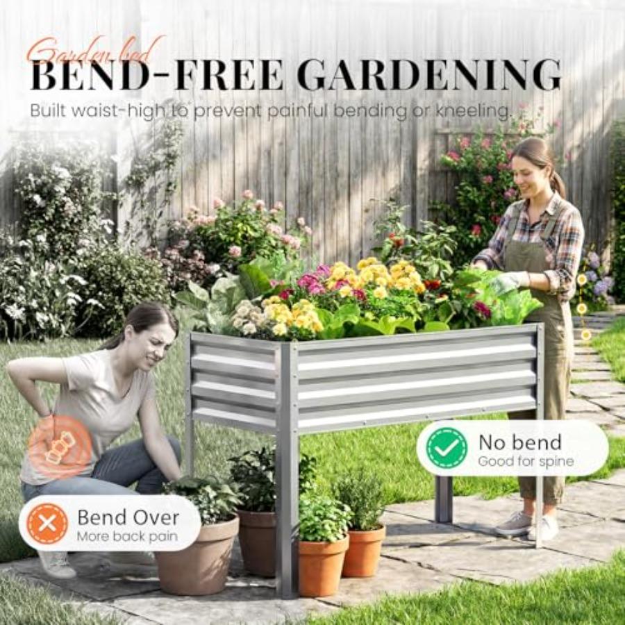 Large Raised Garden Bed with Legs Galvanized Elevated Planter Box 48×24×32 in for Backyard Patio Balcony 400lb Ccity Silver 2pc