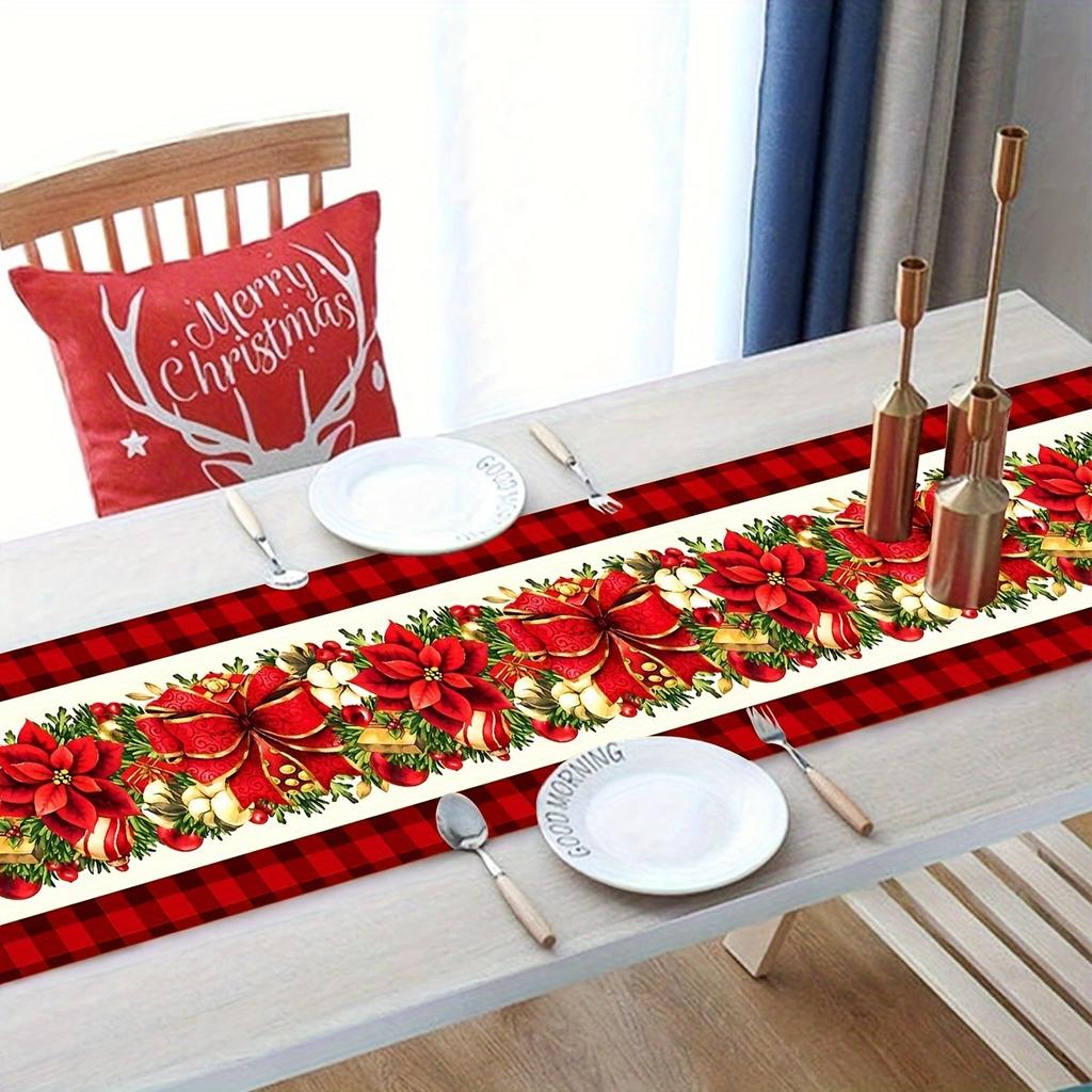Christmas Poinsettia Flowers Linen Table Runner Holiday Party Decor Winter Xmas Kitchen Dining Table Runner Christmas Decoration