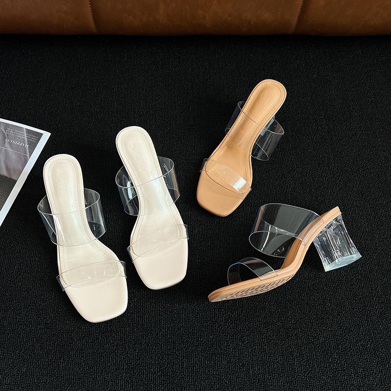 Transparent sexy thick-heeled sandals for women's summer wear 2025 new square head white one-word with open-toed high-heeled cool slippers