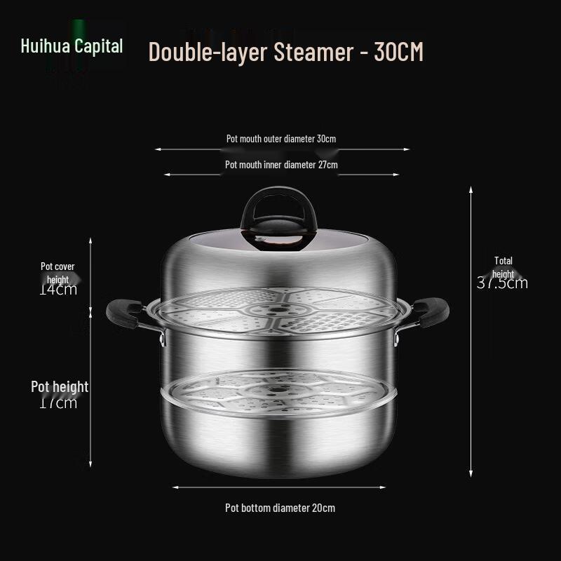 HUIHUADU 30cm Stainless Steel Double-Layer Steamer Pot