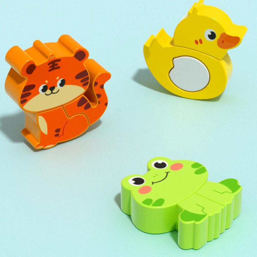 4-In-1 Wooden Toys 3D Wood Puzzle Cartoon Animals Cognitive Jigsaw Puzzle Early Learning Educational Toys for Children Gift