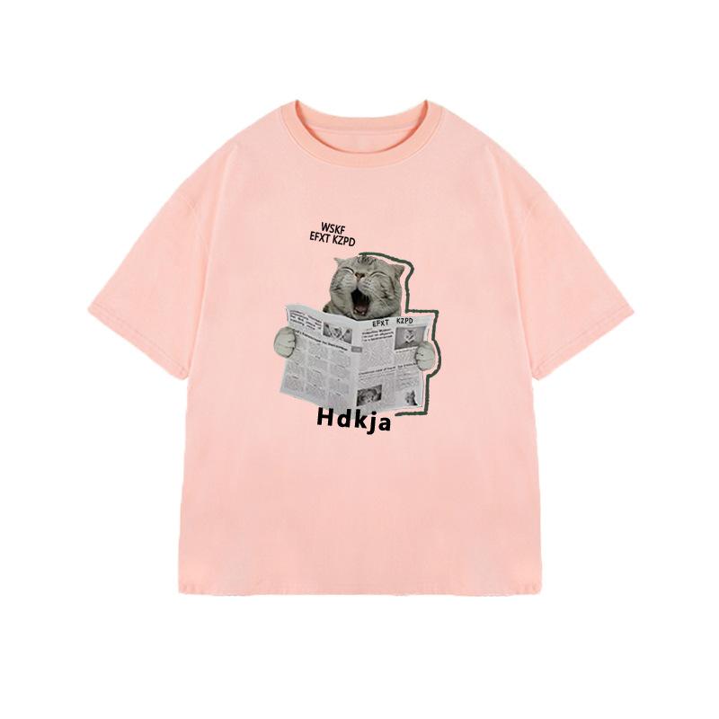 Women's Round Neck Short Sleeve Cotton T-Shirt Loose Fit Cat Print Casual Summer Top