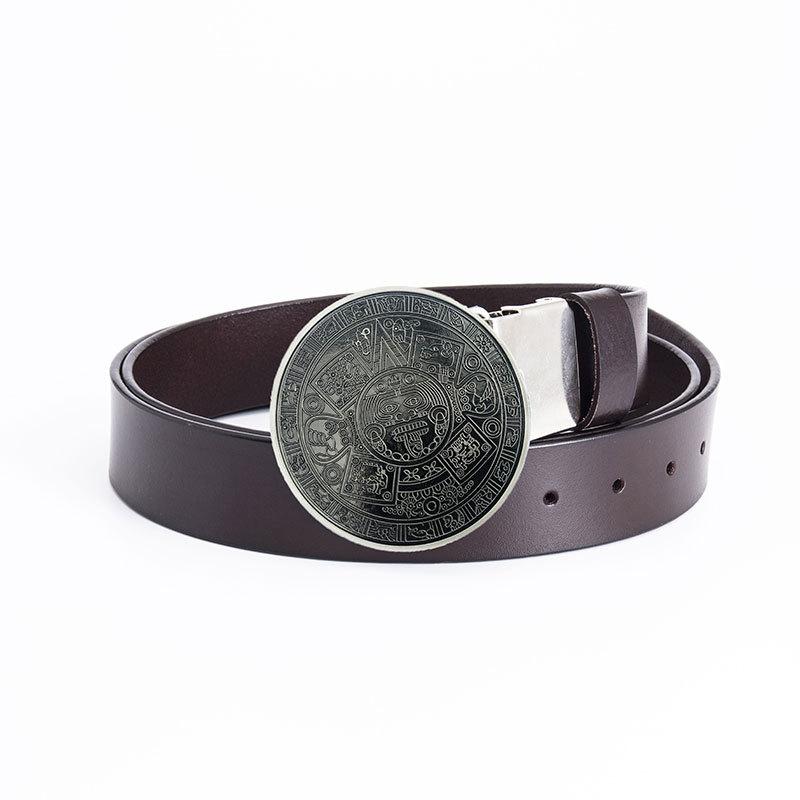 Glossy Whole Cowhide Belt, Zinc Alloy Ancient Tin Aztec Calendar Belt, Retro Large Size Pure Leather Belt.