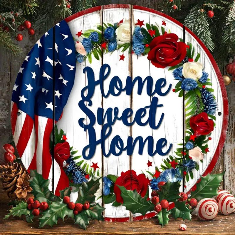 American Flag Floral Home Sweet Home Metal Tin Sign for Home Decor