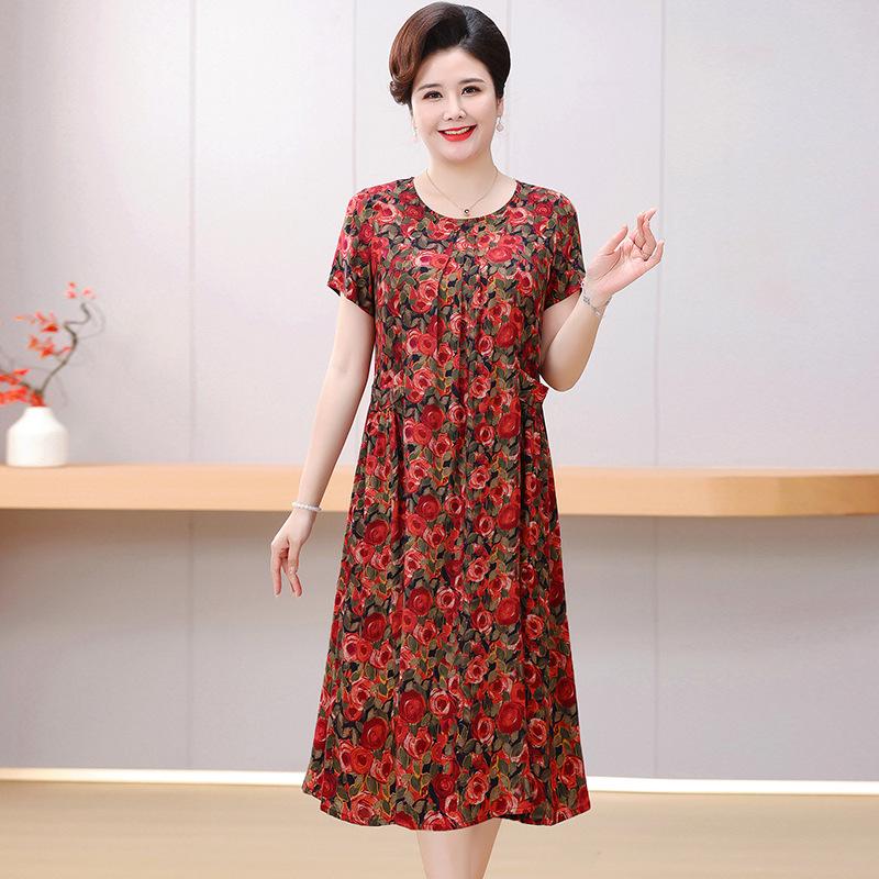 Women's Floral Cotton & Rayon Summer Dress - Plus Size, Belly-Covering, Loose Fit for Middle-Aged & Elderly