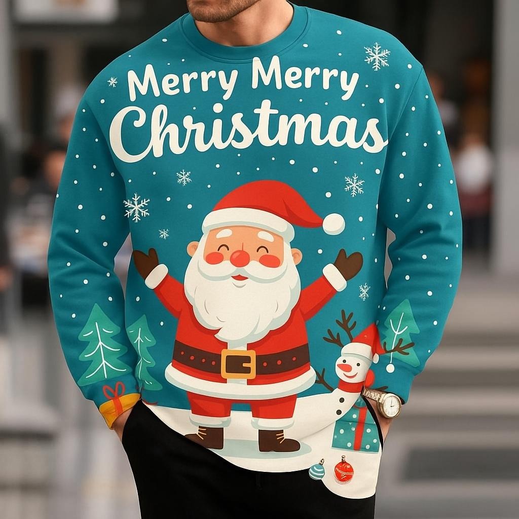 Men's Christmas Theme Sweatshirt, 3D Graphic Santa Claus Print, Round Neck Pullover, Holiday Casual Style Long Sleeve Streetwear