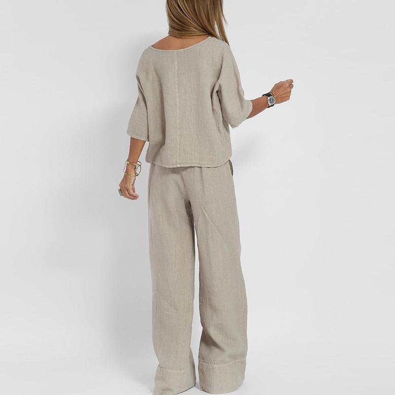 Pantalon de plage décontracté à poches, chemisier à manches courtes, costume deux pièces en coton et lin de couleur unie, printemps et été
