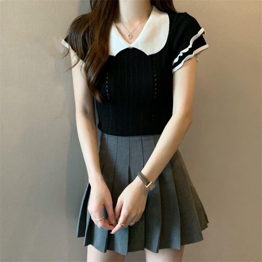 Ruffled Edge Doll Collar Knitted Vest Hollow Short Sleeve T-shirt Knitted Slim Crop Tops Seaside чёрный