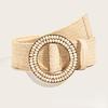 Vintage PP Grass Woven Belt for Women Summer Dress Accessorie Bohemian Style Handmade Round Wood Inlaid Bead Buckle Elastic Belt