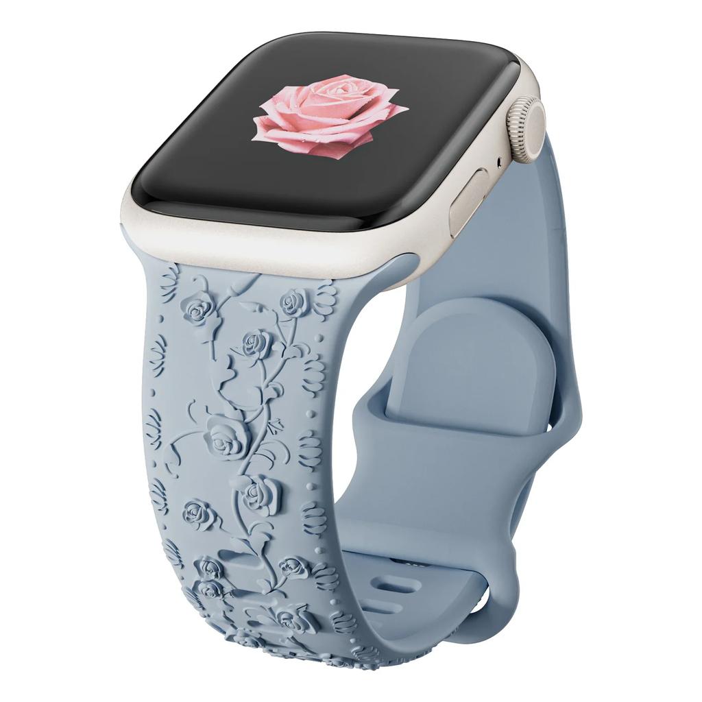 Floral Engraved Strap For Apple Watch Band 40mm 44mm 41mm 49mm 45mm 38mm 42mm Silicone Bracelet Iwatch Series 9 7 Se 6 8 Ultra 2