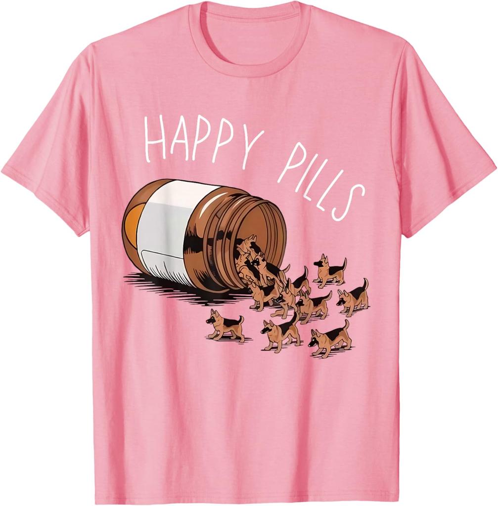 Happy Pills German Shepherd Dog Lovers Graphic Print TShirt Casual Wear Cotton Tee