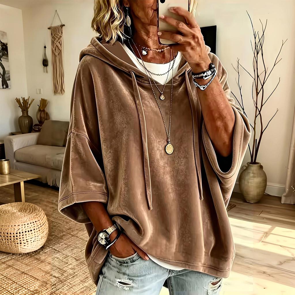 Women's 3/4 Sleeve Velvet Hoodie Color Casual Pullover Top