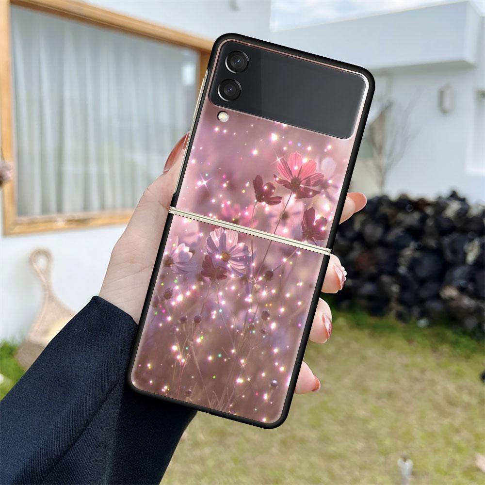Shiny Pink Cool Case For Samsung Galaxy Z Flip 3 4 5G Black Hard PC Phone Housing Z Flip4 Luxury Segmented Cover