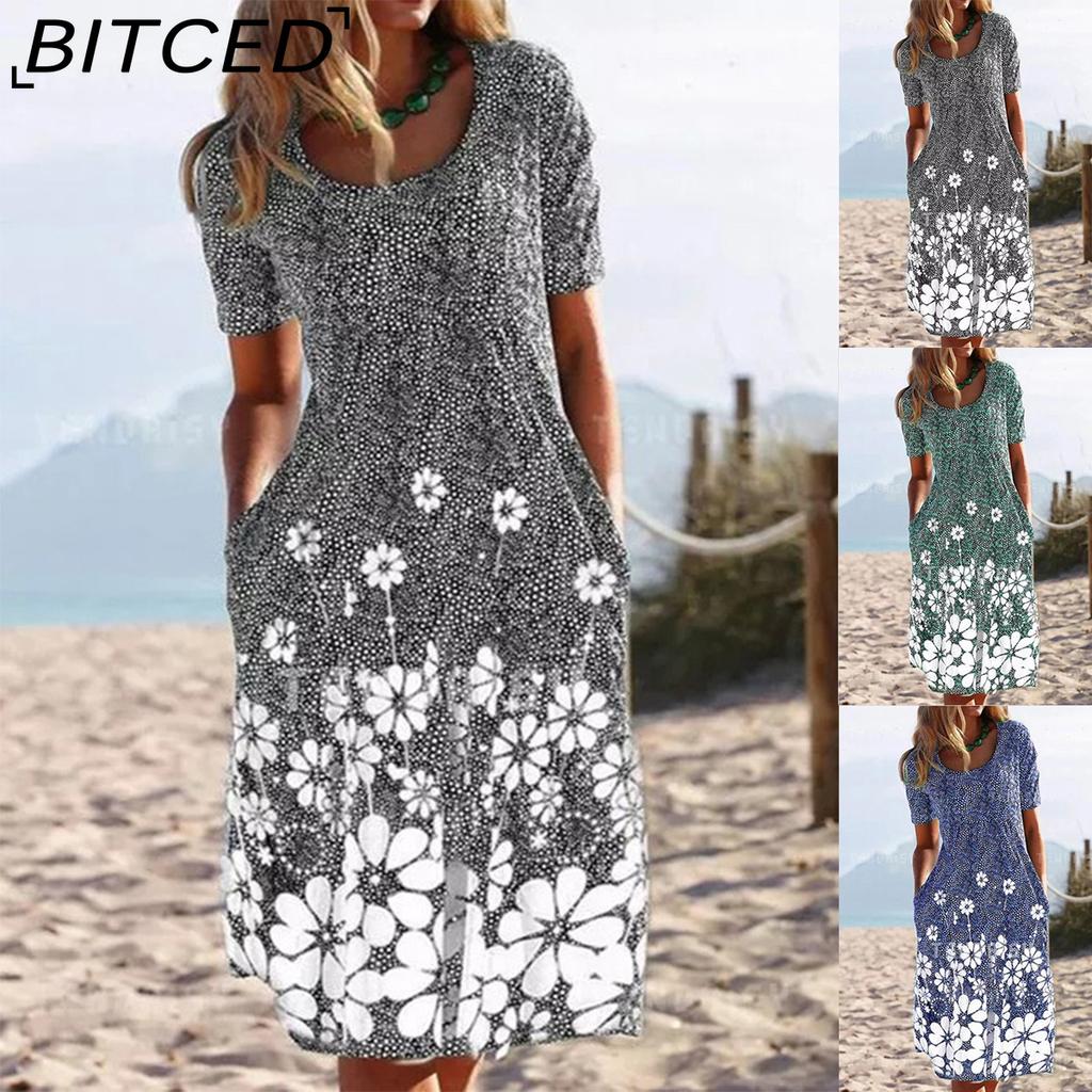BITCED Kvinnemote Sommer Våren Ensfarget Print Kortermet V-hals Høy midje Uformelle kjoler