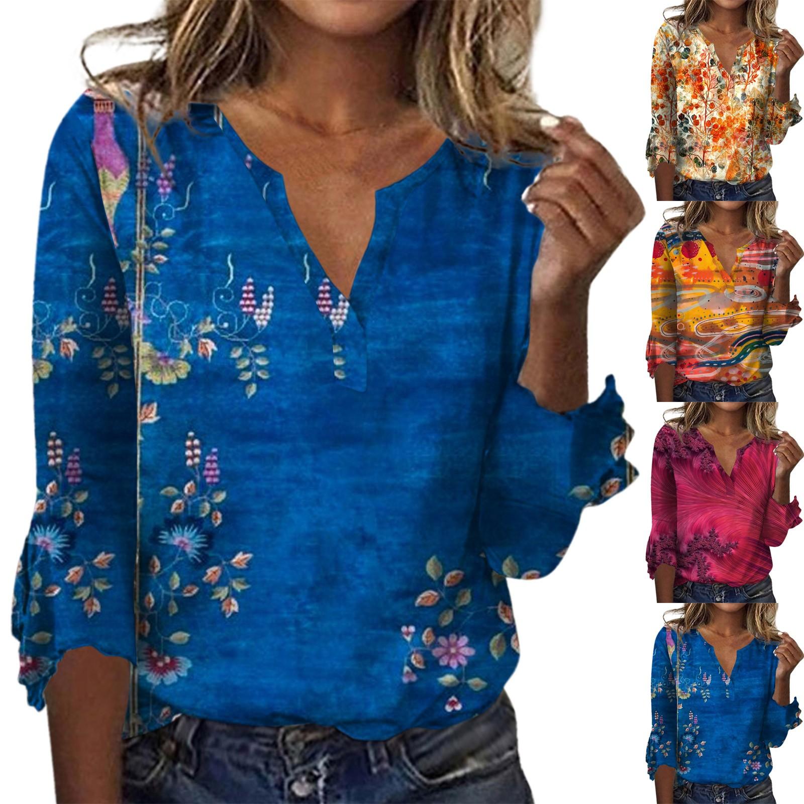 

Женский топ, свободные повседневные однотонные блузки с v-образным вырезом, футболка с рукавом 3/4 и колокольчиком