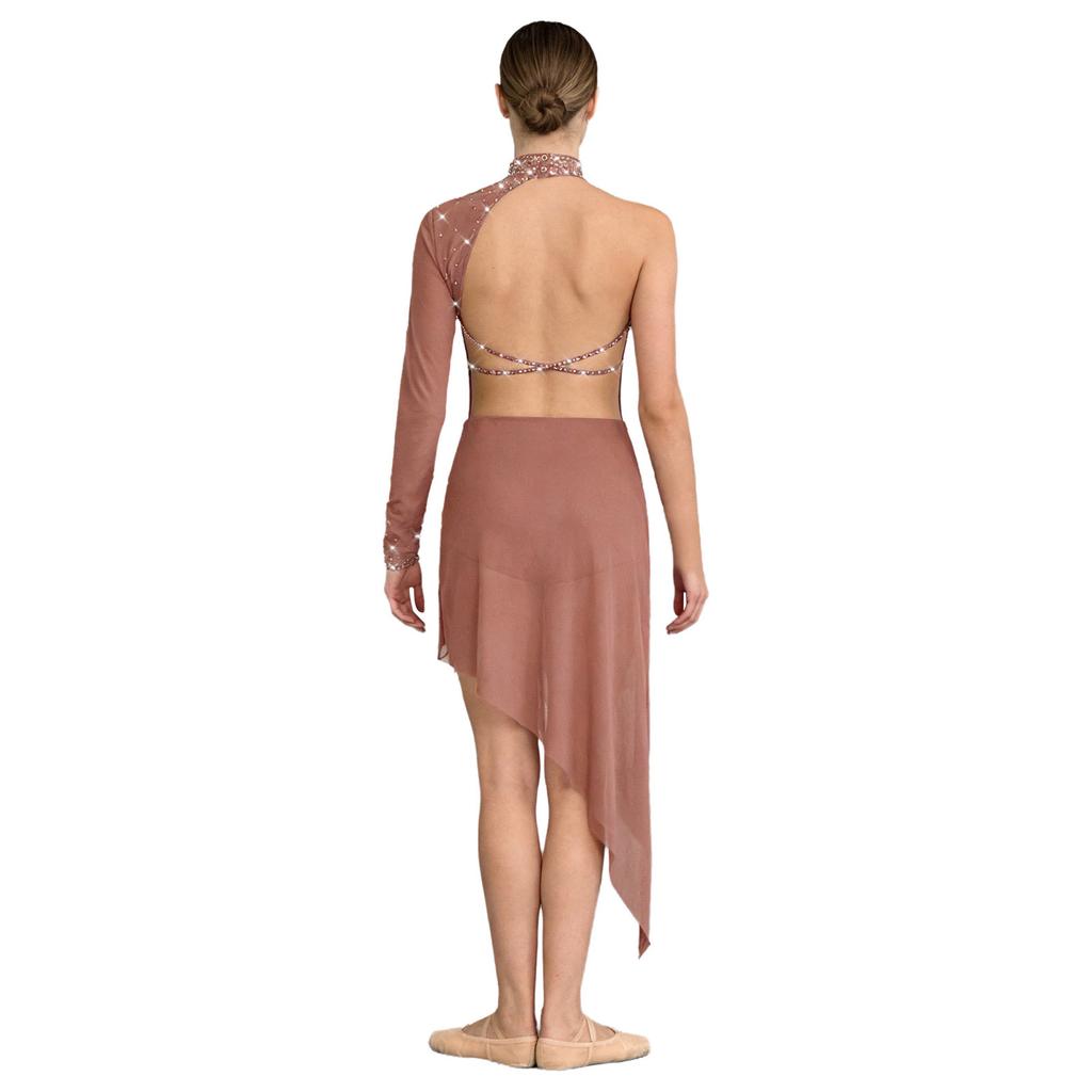 Body Vestito da Danza Lirica da Donna con Strass Manica Lunga Singola Orlo Irregolare in Rete