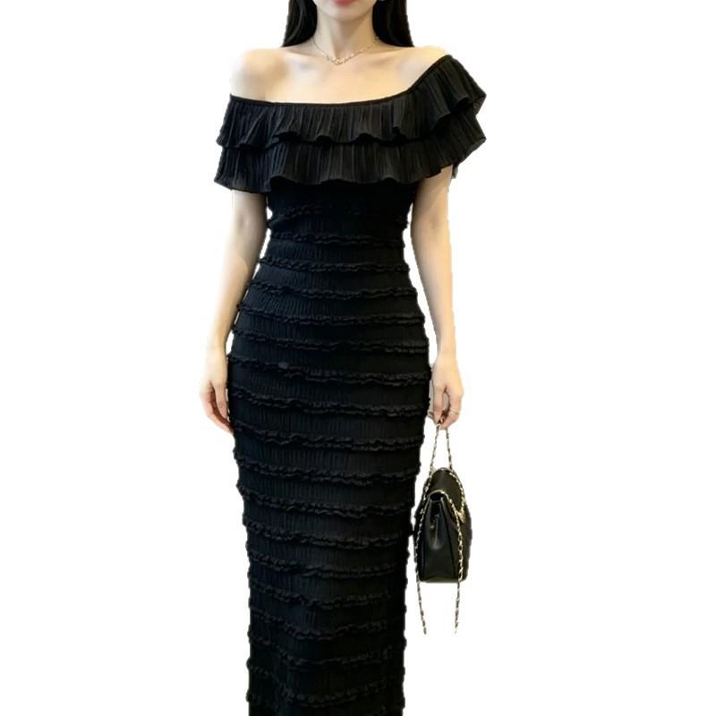 Summer waist and thin hip skirt black split-ended long dress French temperament ruffle leaf edge one-word shoulder dress women
