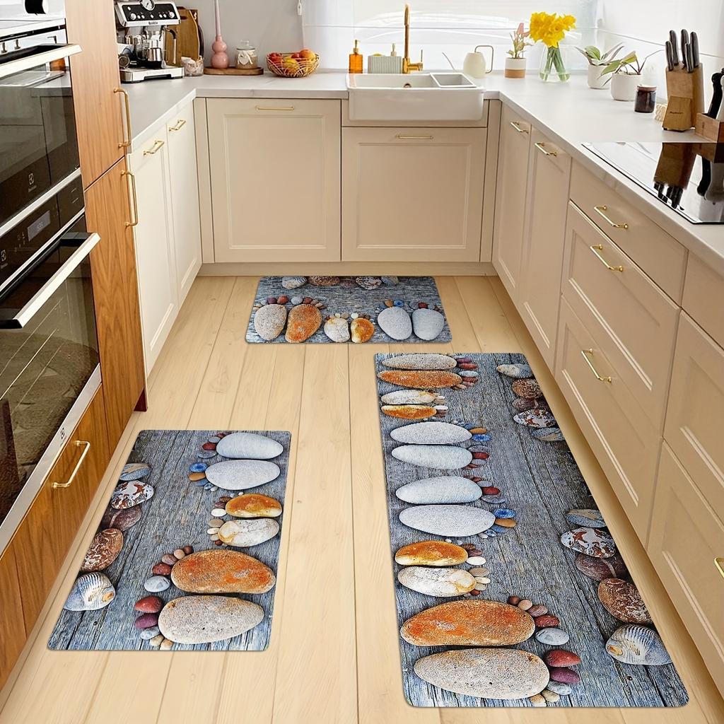 Wood Grain Pebbles Pattern Soft Kitchen Rug Anti-Fatigue Kitchen Rug Waterproof Non-Slip Rugs Set Runner Rug Bedside Rug Absorbent Carpet For Kitchen