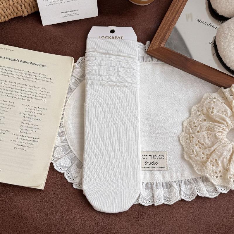 Women's Pure Cotton Autumn and Winter Extended Vertical Boneless Pile Socks Solid Color Versatile Mid-calf Socks Long Socks