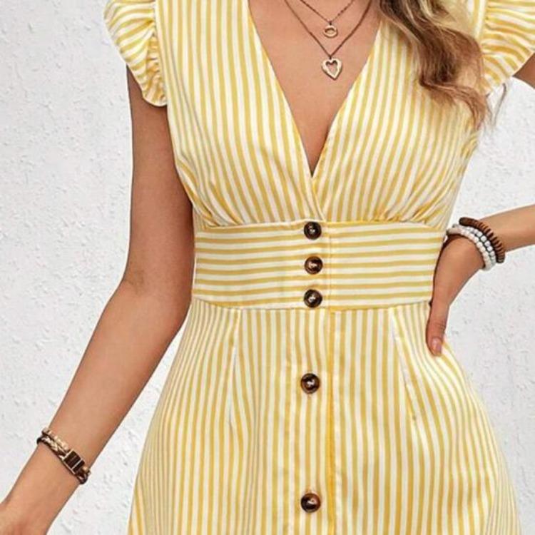 Summer Party Dress Women Striped Print Button Front V Neck Ruffle Cap Sleeve A Line Mini Dress