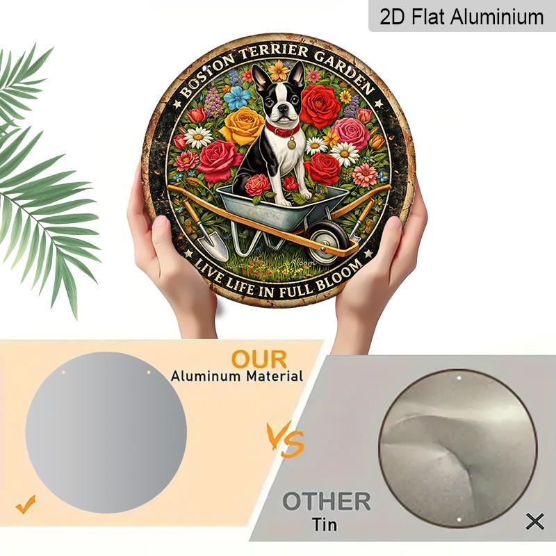 2D Flat, 1pc Round Aluminum Boston Terrier Garden Sign, Vintage Floral Wall Art, "Live Life in Full Bloom" Dog & Wheelbarrow Design, Waterproof