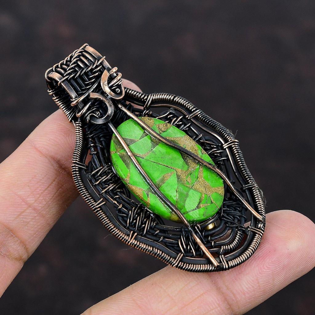 Pandantiv cu piatră prețioasă turcoaz verde cupru Bijuterii înfășurate cu sârmă de cupru realizate manual Ultimul design pandantiv pandantiv învelit cu sârmă de cupru Cadou pentru mama