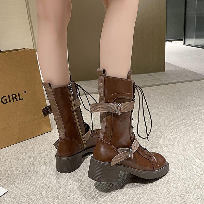 Fashion Spring Autumn Retro Middle Heel Ladies Mid Calf Shoes New Rock Goth Demi-season Comfortable and Elegant Women's Half High Boots