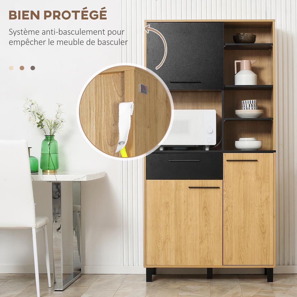 Meuble de cuisine multi-rangement avec tiroir, 3 portes, 4 niches et passe-câbles, hauteur 180 cm, noir et bois naturel