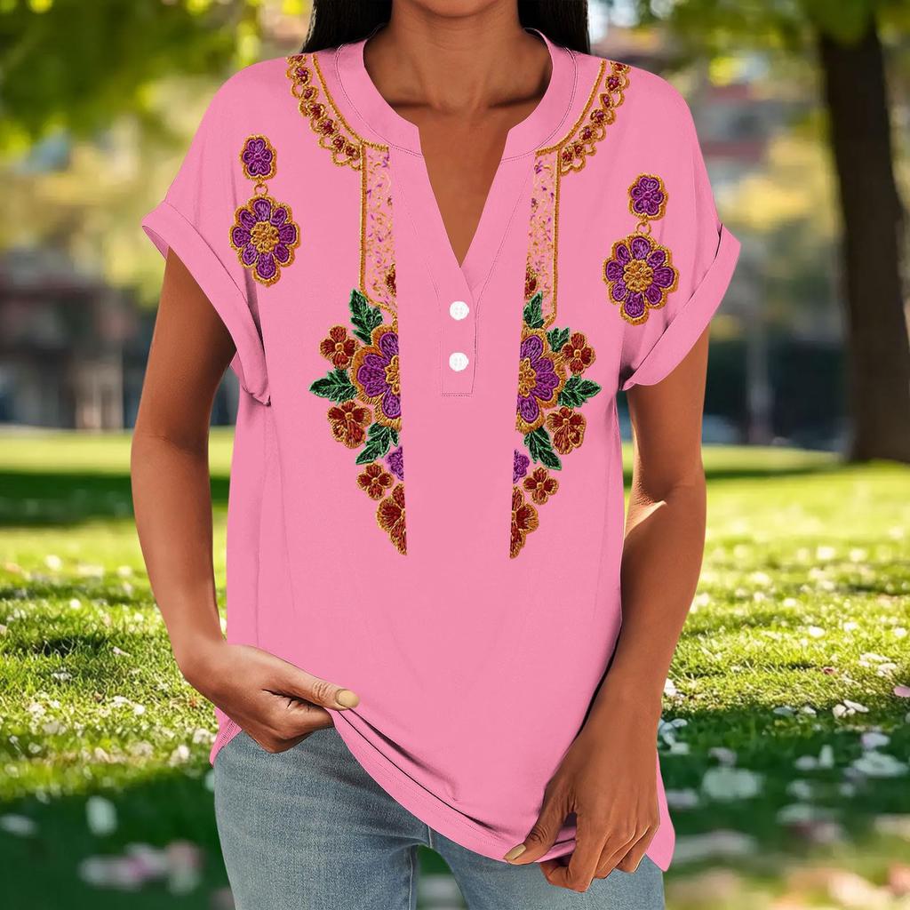 Women's Floral Print Short Sleeve V-Neck T-Shirt – Casual Loose Fit with Buttons