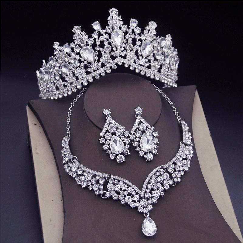 Wunderschöne rosa Kristall-Diademe Brautschmuck-Sets für Frauen Mode Krone Ohrringe koreanische Hochzeit Halskette Dubai Schmuck-Sets