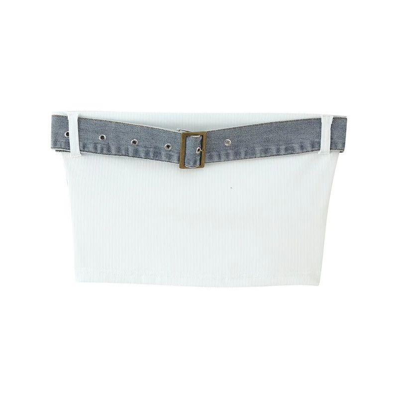 

Летний Новый Продукт Женская Одежда Сексуальный Ветер Деним Пэчворк Бандо Топы на Бретелях + Повседневный Костюм с Брюками с Высокой Посадкой White Tops L