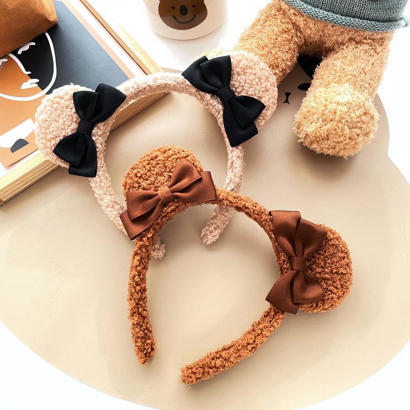 Princess Bear Bow Headband - Cute Lambswool Hair Accessory with Bear Ears for Adults, Japanese/Korean Style.