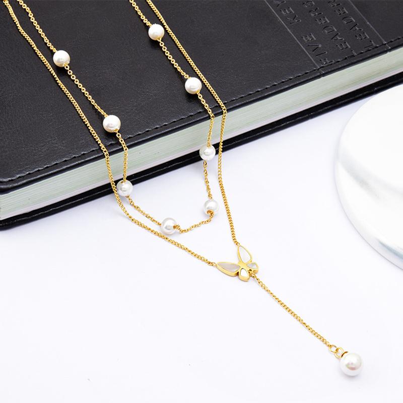 Stainless Steel Gold Color Butterfly Preal Necklaces For Women Double Layer Choker Fashion Gift Jewelry