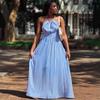 European and American New Fashion Women's Clothing Sleeveless Neck Blue Striped Dress Women's African Sexy Temperament Backless Dress