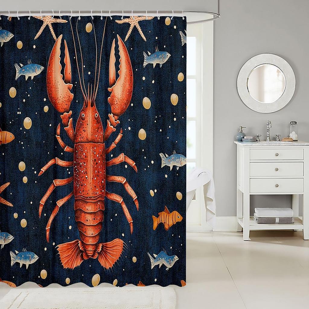 Lobster Pattern Waterproof Peva Fabric Shower Curtain Bathroom Decor Marine Sea Life Ocean Theme Waterproof Curtain With Hooks