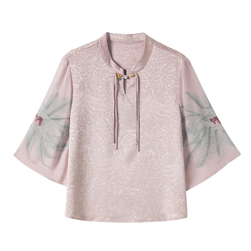 Mom's Stylish Chinese Stand Collar Chiffon Top for Spring/Summer - Seven-Sleeve Blouse for Middle-Aged & Elderly Women
