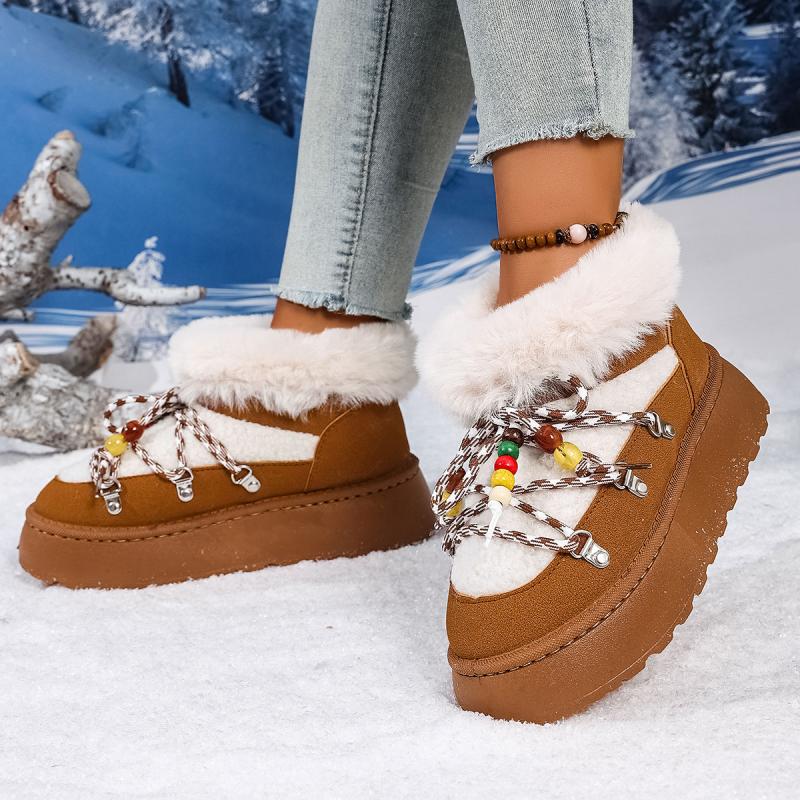 Fashion Fluffy Platform Snow Boots Women Winter 2025 String Bead Decor Faux Fur Cotton Shoes Woman Thick Plush Warm Ankle Boots
