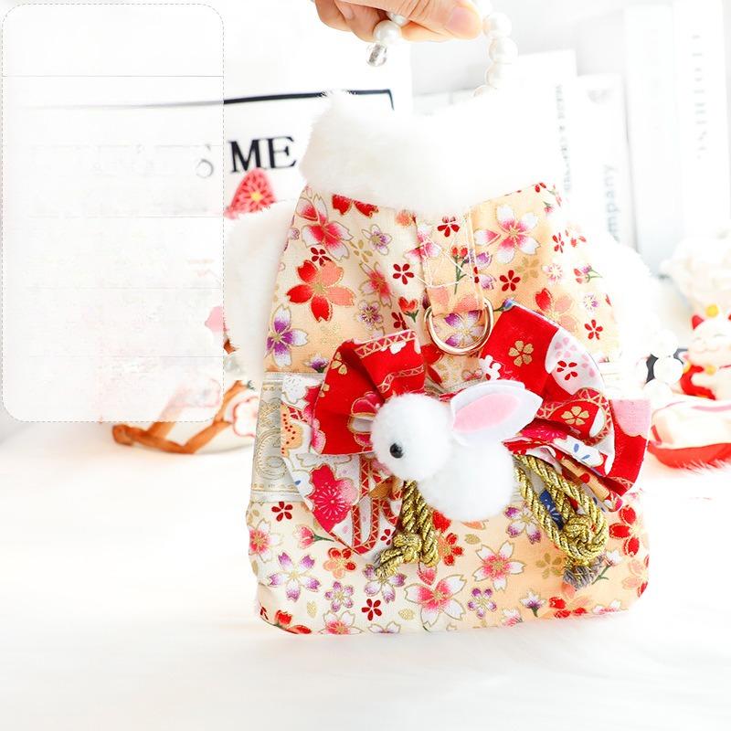 1PC Dog Clothes Autumn and Winter Thick Cat Princess Romantic Cherry Blossom Kimono Cotton Coat Small Dog Teddy