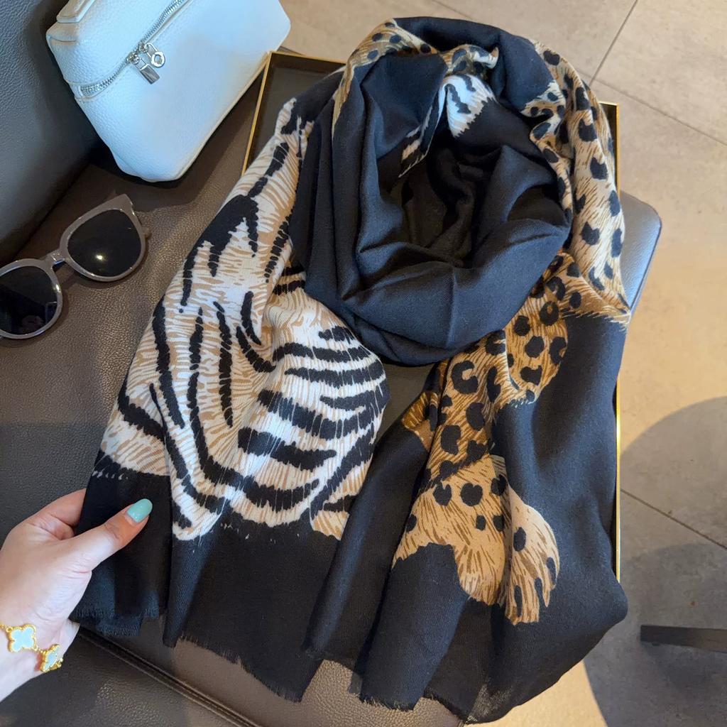 Scarf Leopard Print Lightweight Linen Blend Shawl 90cm x 180cm