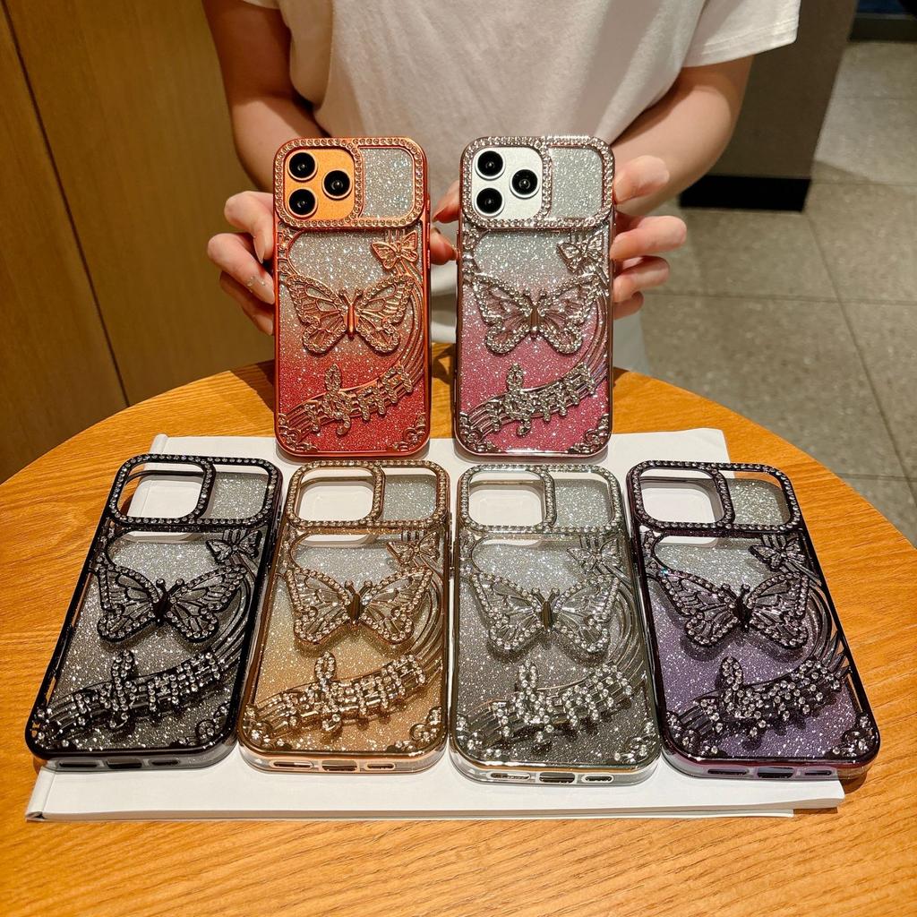 Popular Gradual Change Glitter Butterfly Mobile Phone Case for iPhone17Promax Hollow Apple 17 Protective Case