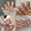 24Pcs Simple Fake Nail With Jelly Glue Butterfly Design Pink White Gradient French Press On False Nails Full Cover Nail Tips