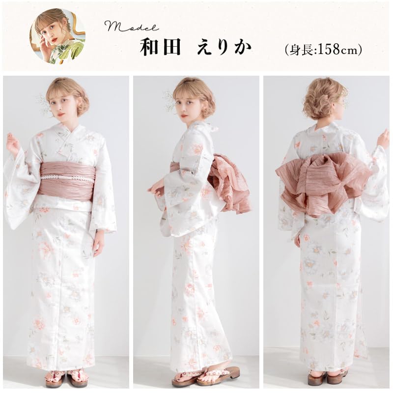 (Dita) Women's Yukata 5-Piece Set, Pink and White Watercolor Floral Pattern, Girly, Easy to Wear by One Person (Kazahana no Momoiro Shirabe, FREE